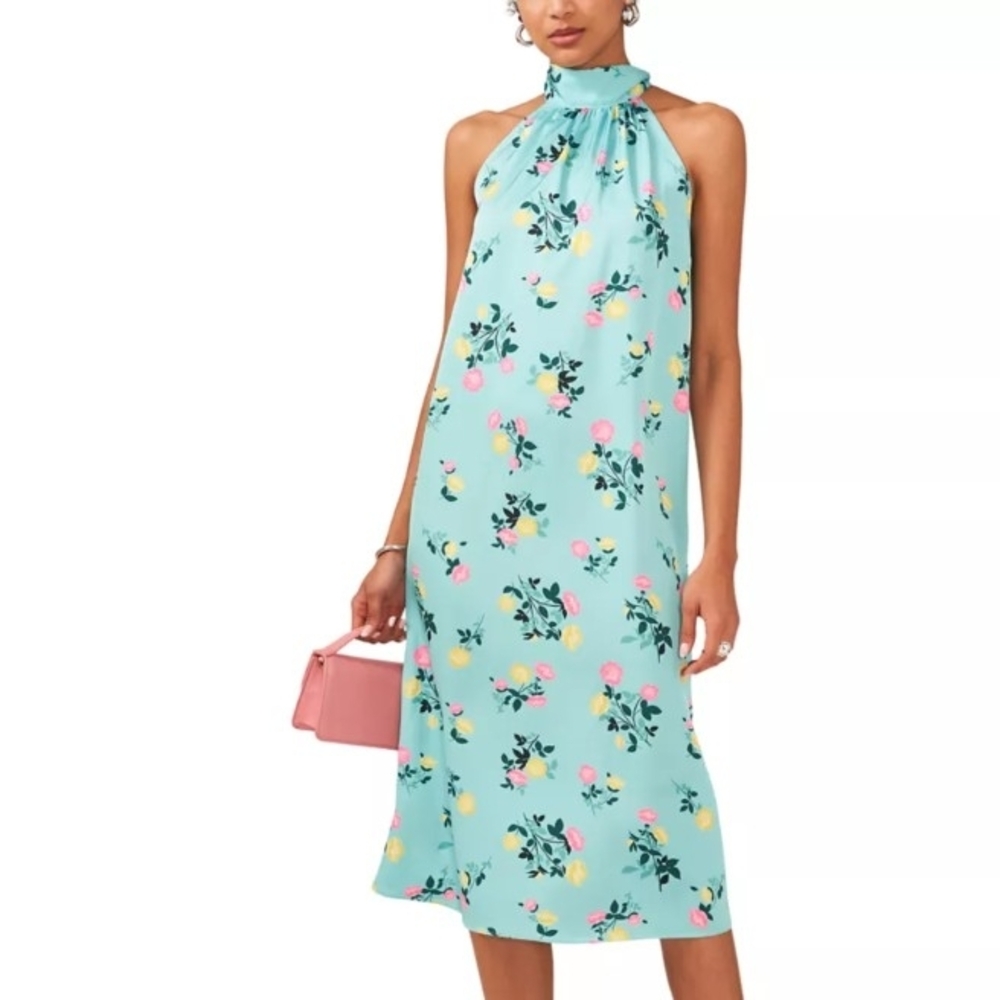 1.State Women's Halter Neck Floral Print Teal Midi Dress, Large